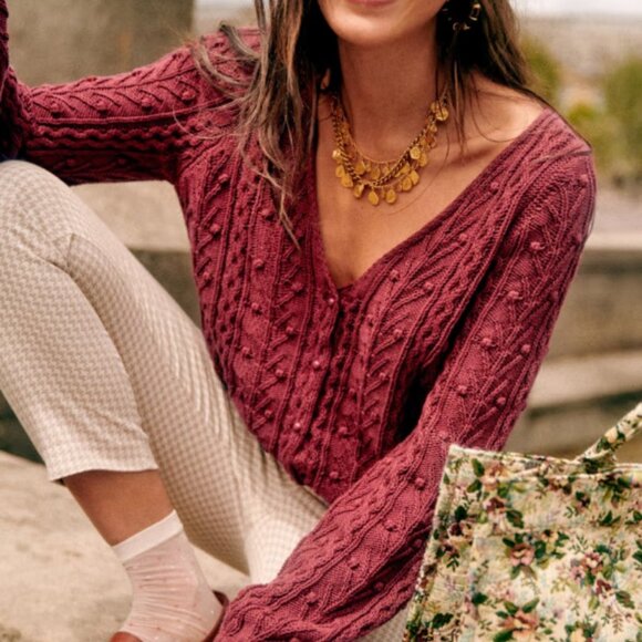 Sezane Beryl Cardigan Cotton Button Up Cable Knit Sweater Rosewood Small - Picture 1 of 6